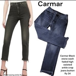 Carmar black stone wash mid-rise button fly ankle crop raw hem jeans women's 24